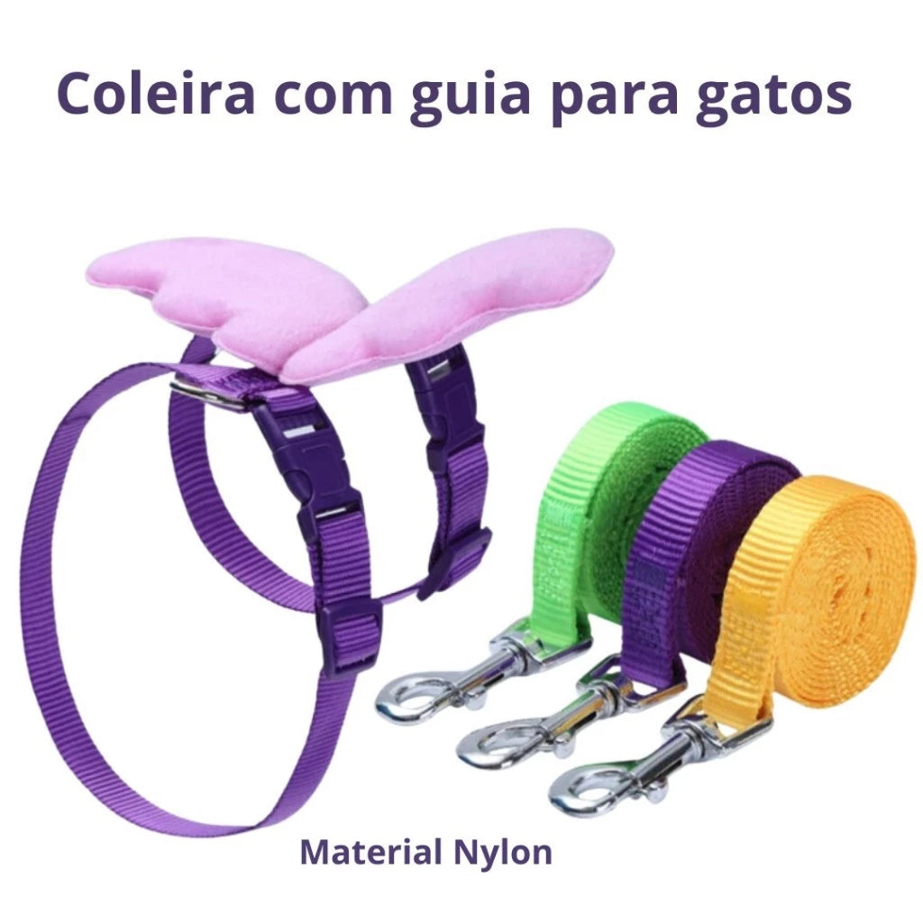 Coleira Peitoral Com Guia E Asas De Anjo Para Gatos